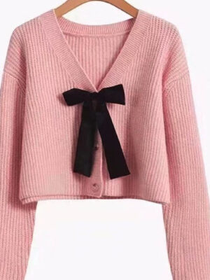 Bow Tie V-Neck Cropped Cardigan