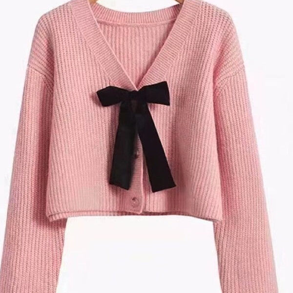 Bow Tie V-Neck Cropped Cardigan